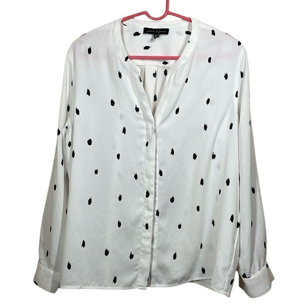Jasmine & Juliana Polka Dot Chiffon Long Sleeve Button Down White with Black L
